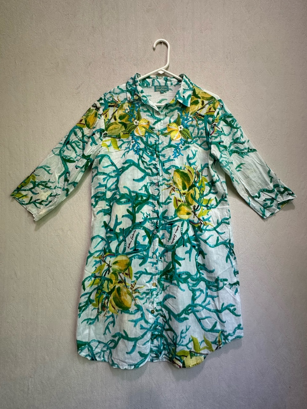 Antica Santoria Giacomo Cinque turquoise tunic Embroidered lemons Dress Sz L